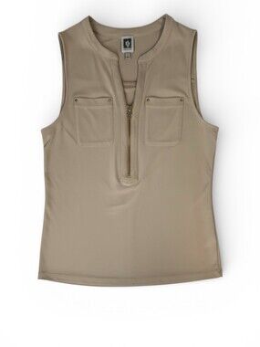 Anne Klein Sleeveless Top Small Camel Tan V-Neck Half Zip NWOT READ Snags